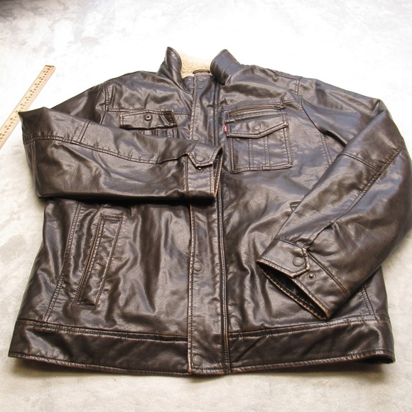 Levis Jacket Mens Large Brown Faux Leather‎ Sherpa Lined Pockets Snap Zip Front - Picture 2 of 16